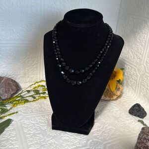 Vintage Black Faceted Double Strand Necklace 14”-16”